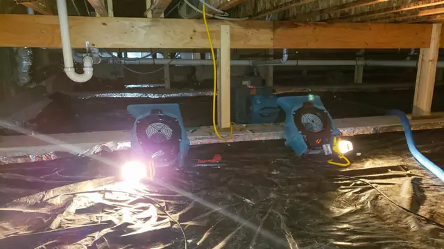 Crawl space with plastic ground cover, lights and air movers running