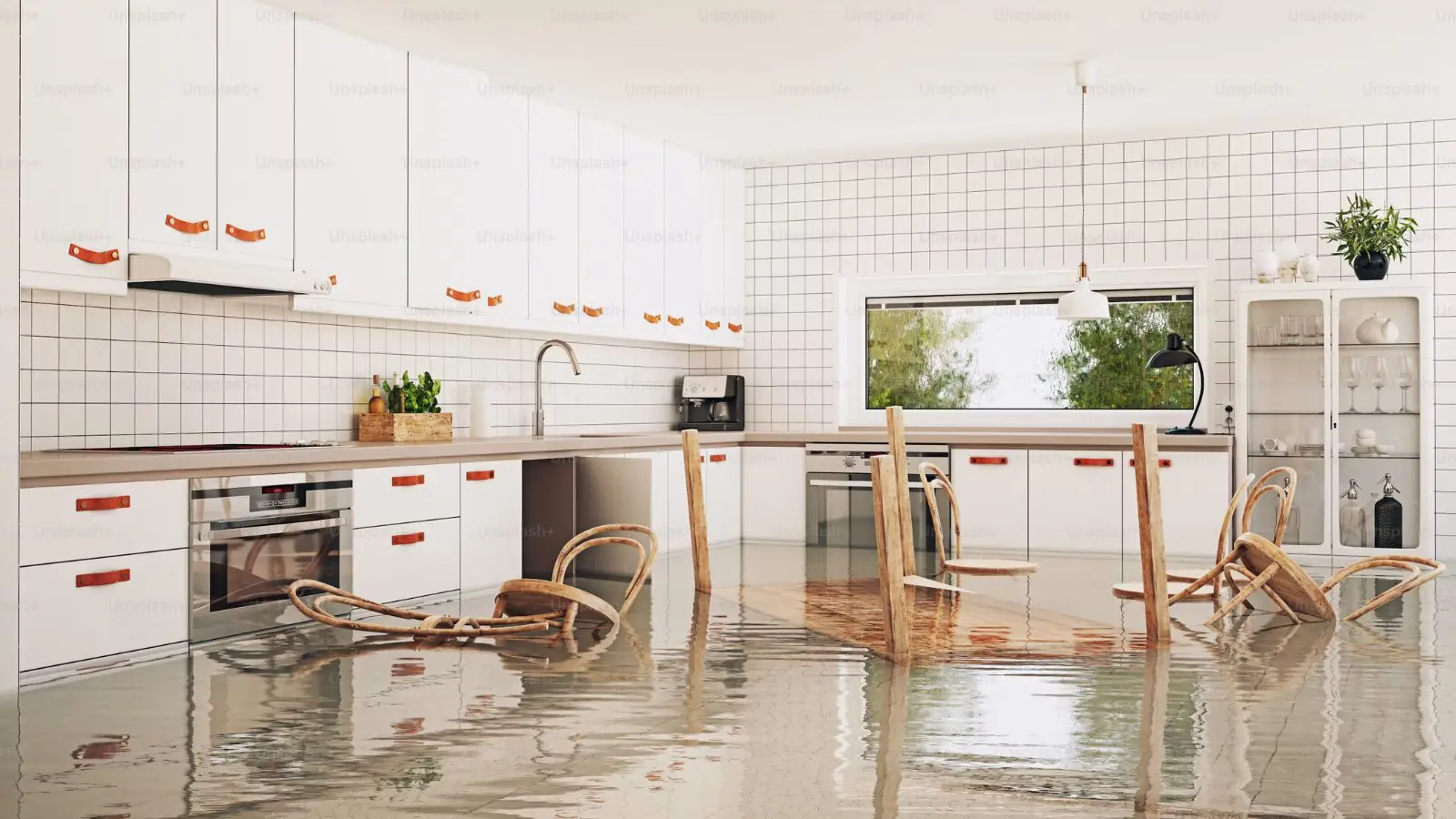 Kitchen with floodwater covering the floor and chairs