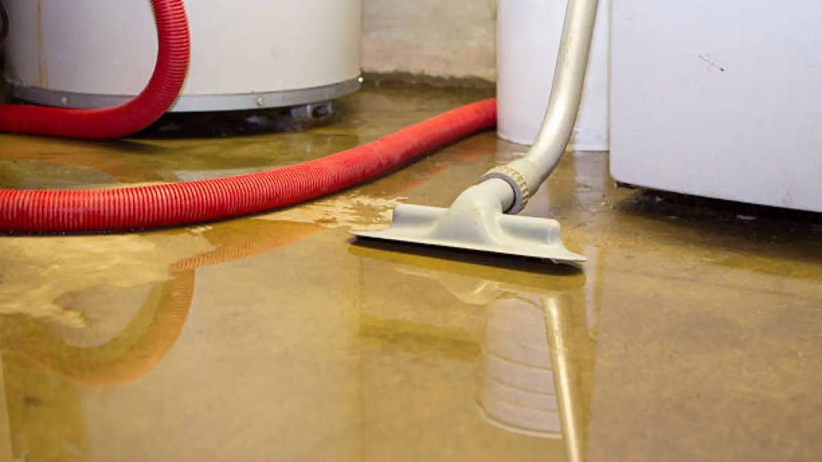 Wet vacuum with a red hose cleaning a water-stained concrete floor